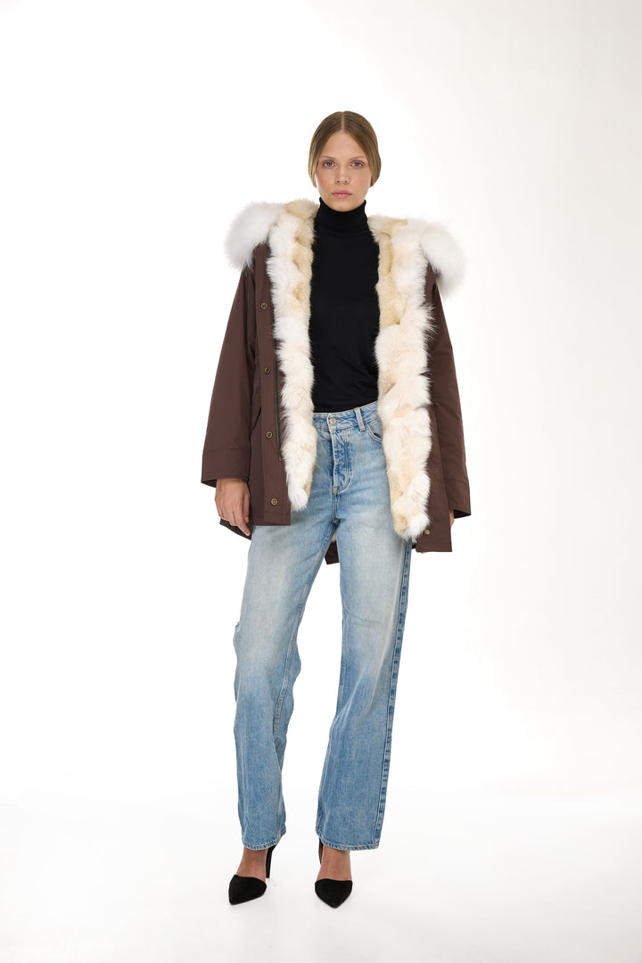 Urban Long Parka in Water Repellent Blend with Coyote Fur – White