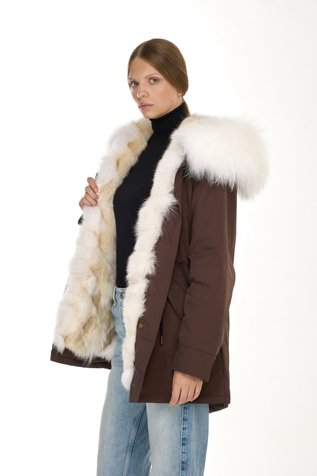 Urban Long Parka in Water Repellent Blend with Coyote Fur – White