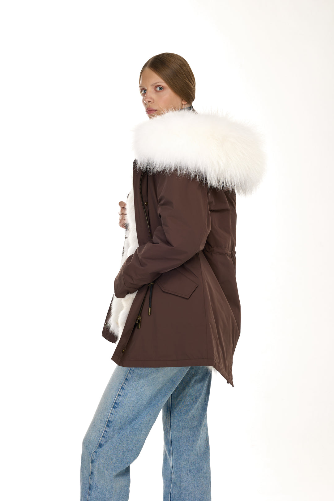 Urban Long Parka in Water Repellent Blend with Coyote Fur – White