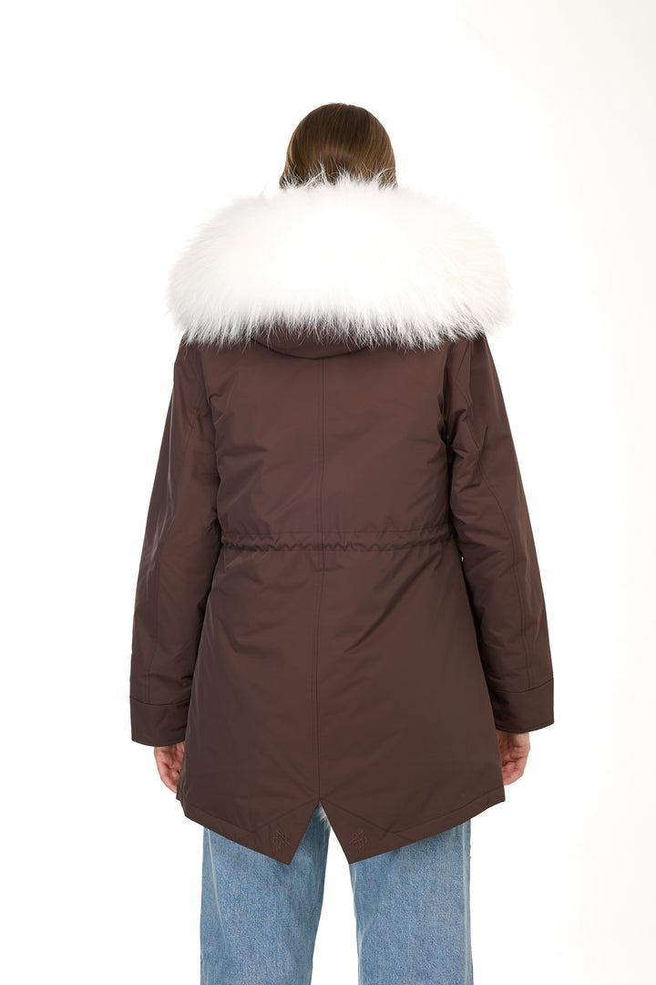 Urban Long Parka in Water Repellent Blend with Coyote Fur – White