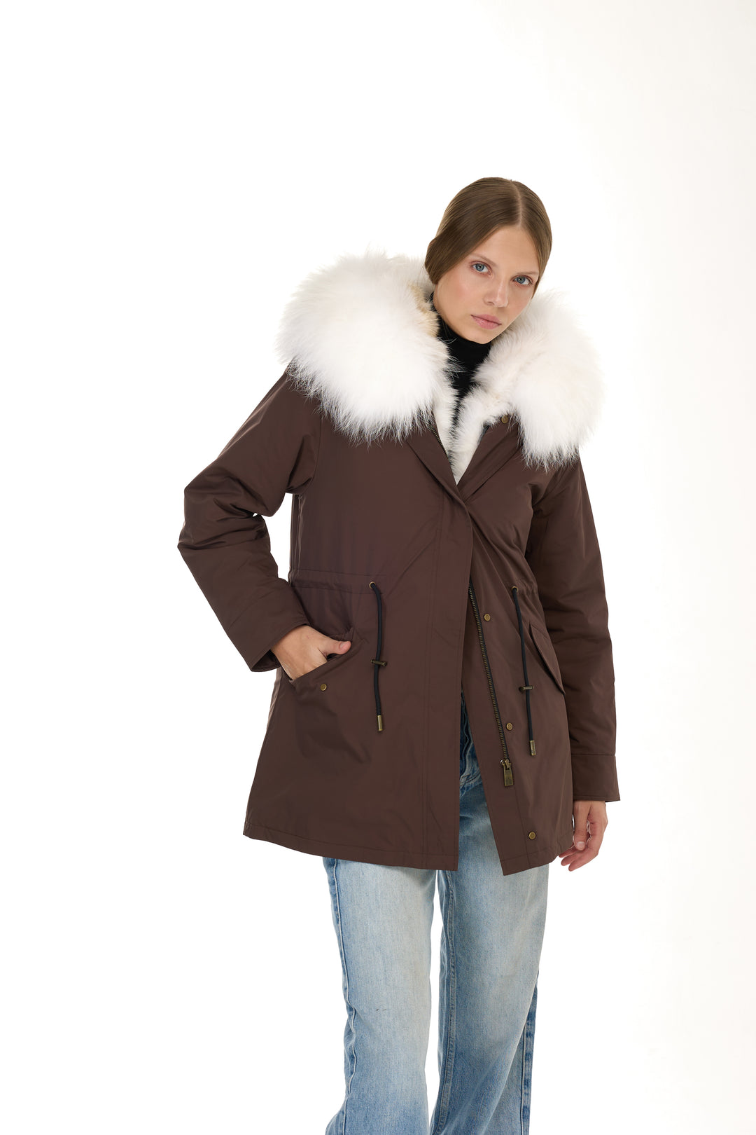 Urban Long Parka in Water Repellent Blend with Coyote Fur – White