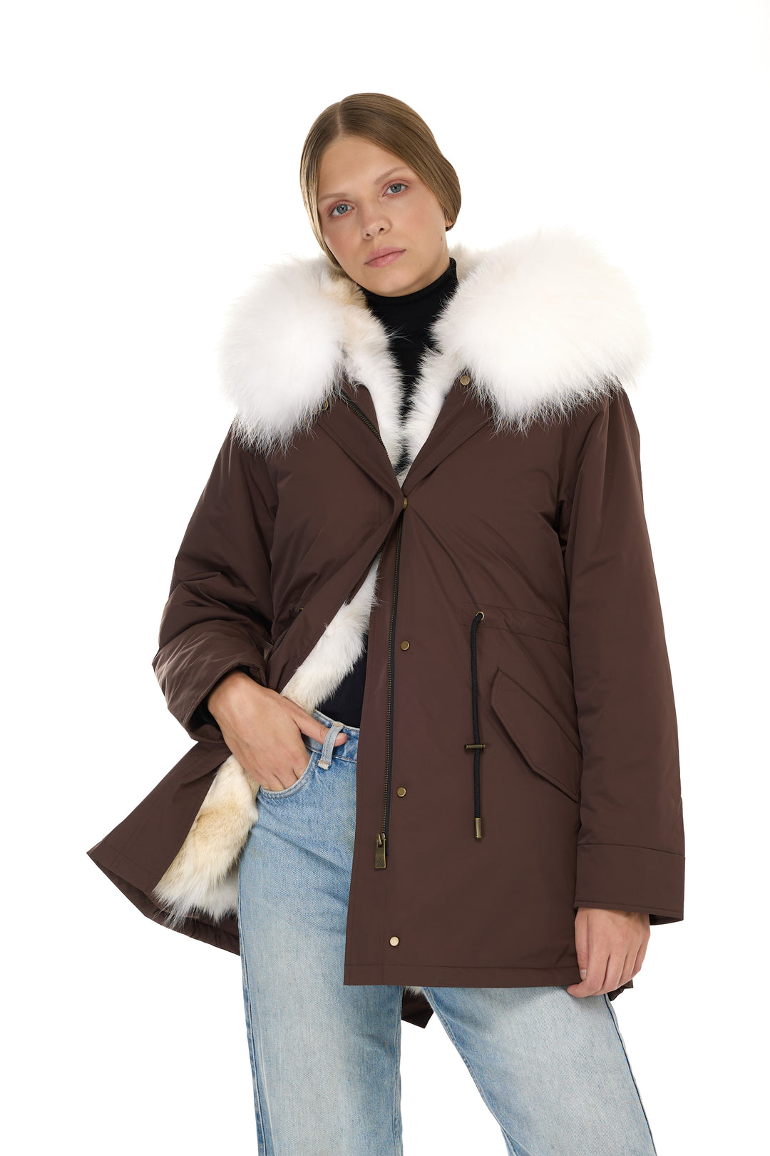 Urban Long Parka in Water Repellent Blend with Coyote Fur – White