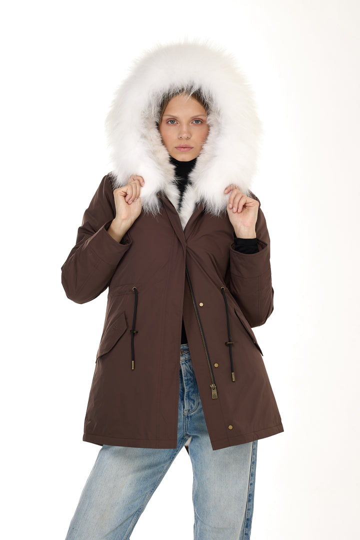 Urban Long Parka in Water Repellent Blend with Coyote Fur – White