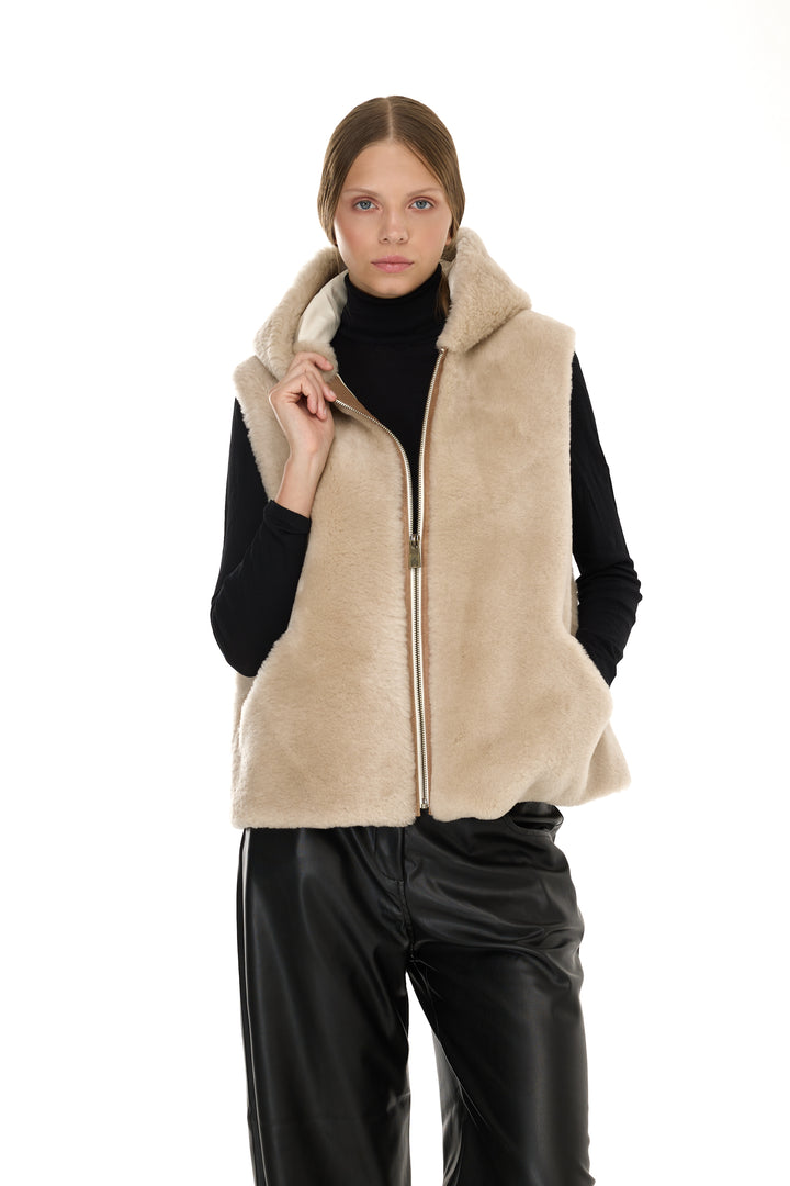 BEIGE Merino Lamb Hoodie Vest