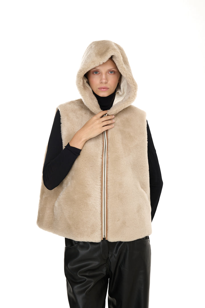 BEIGE Merino Lamb Hoodie Vest