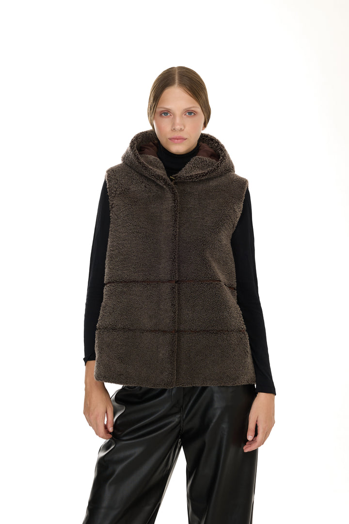 BROWN Merino Lamb Hoodie Vest