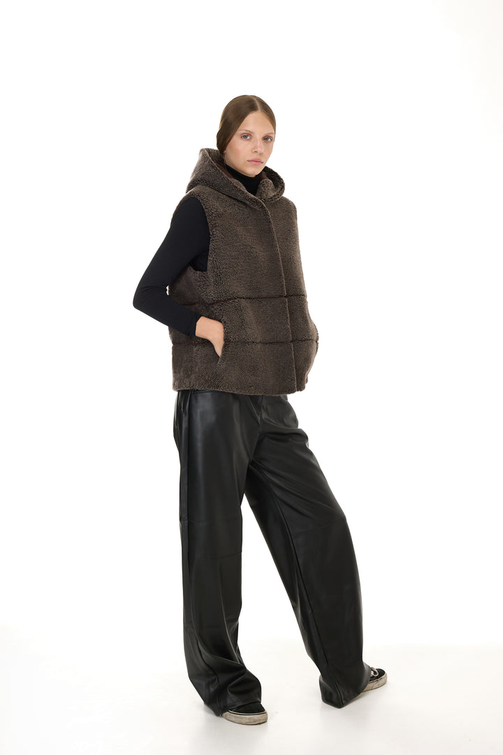 BROWN Merino Lamb Hoodie Vest