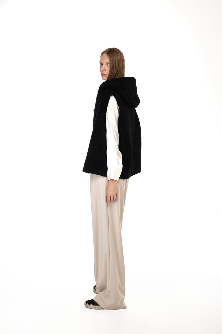 Black Merino Lamb Hoodie Vest
