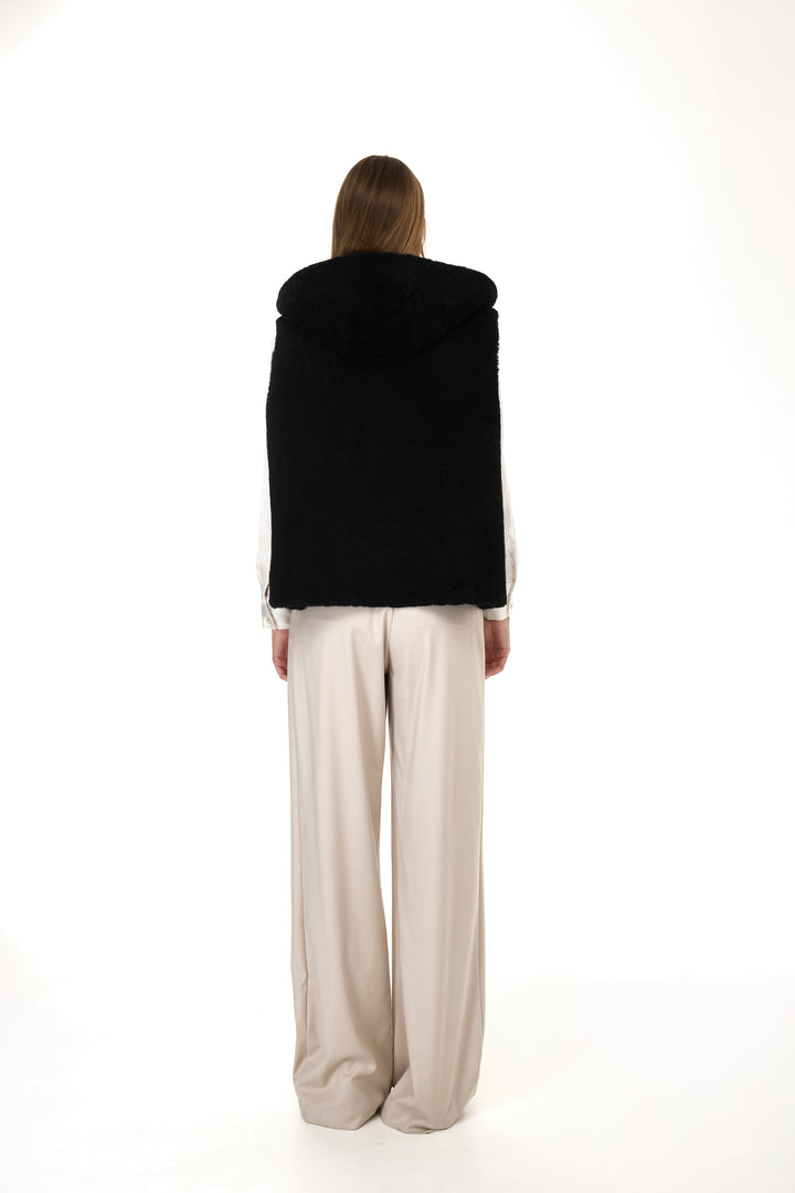 Black Merino Lamb Hoodie Vest