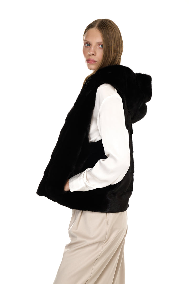 Mink Hoodie Vest – Black