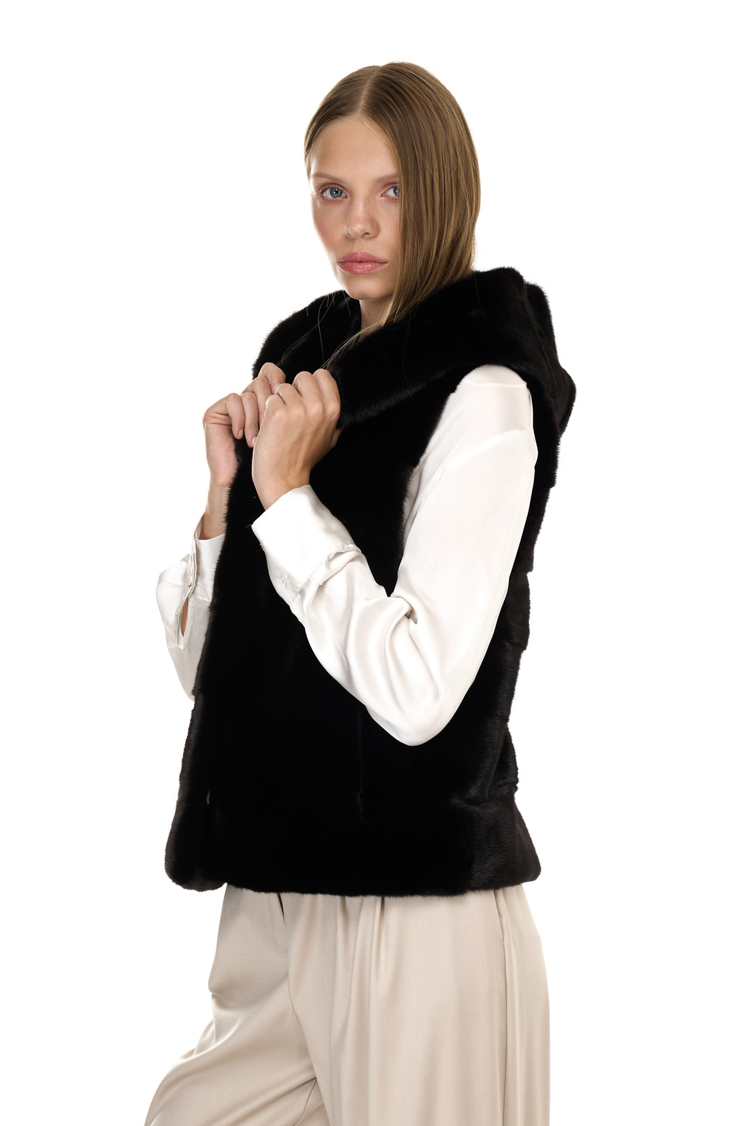 Mink Hoodie Vest – Black