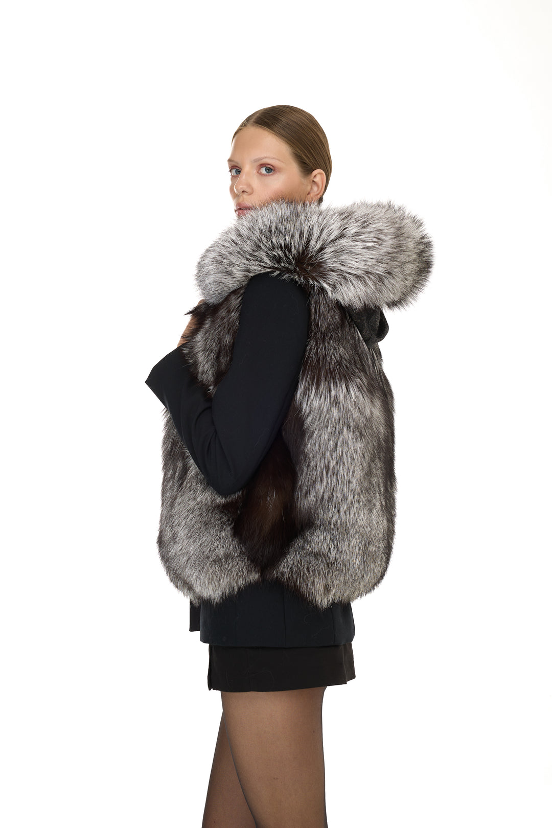 Silver Fox & Denim Hoodie Vest – Natural Color