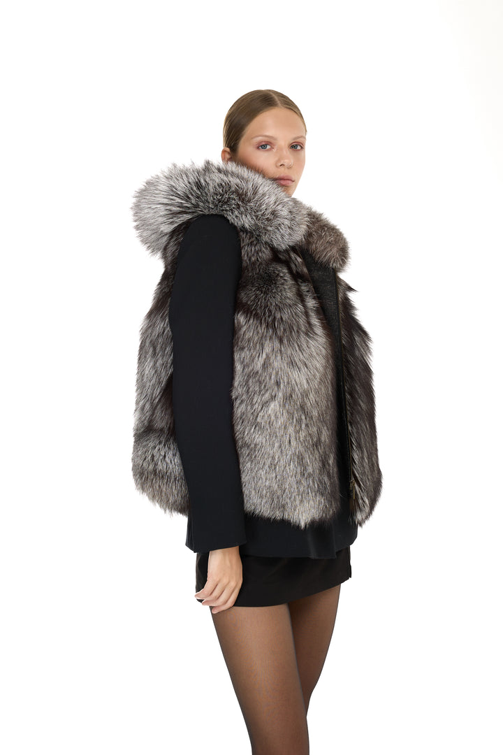 Silver Fox & Denim Hoodie Vest – Natural Color