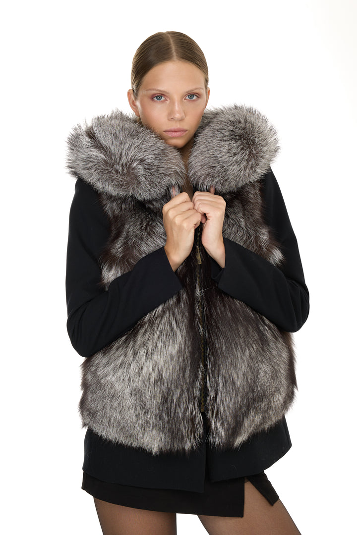 Silver Fox & Denim Hoodie Vest – Natural Color