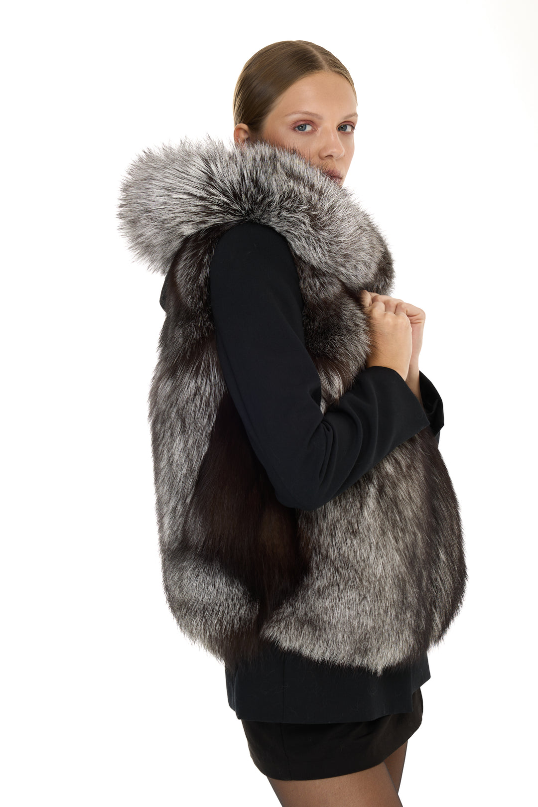 Silver Fox & Denim Hoodie Vest – Natural Color