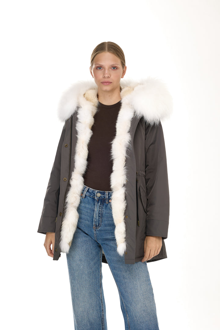 Urban Long Parka in Water Repellent Blend with Coyote Fur – White