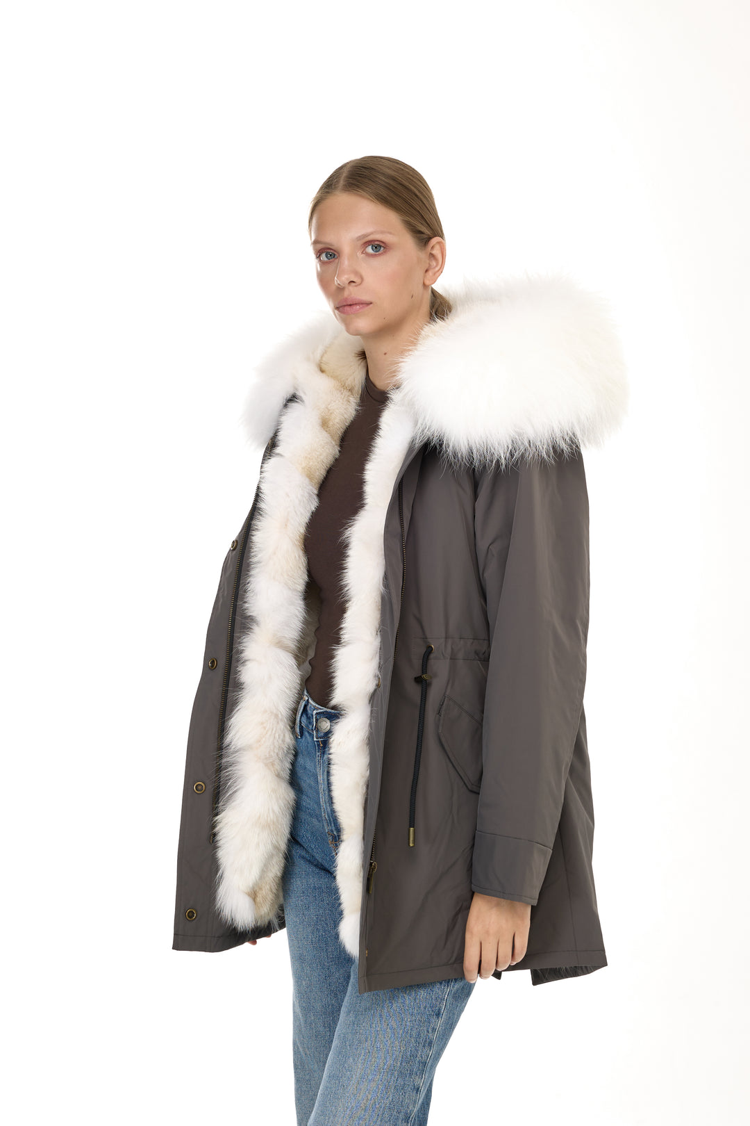 Urban Long Parka in Water Repellent Blend with Coyote Fur – White