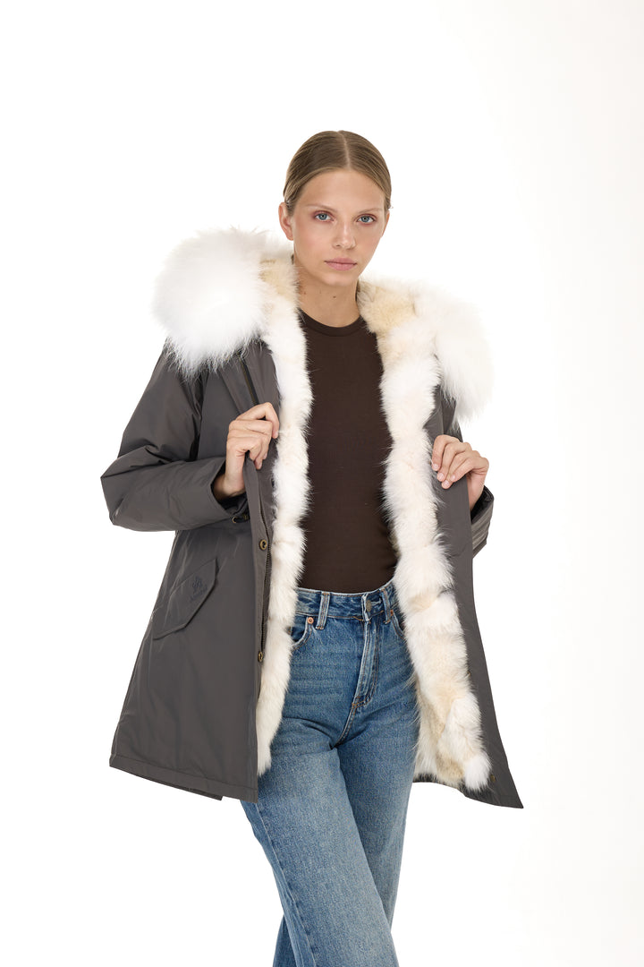 Urban Long Parka in Water Repellent Blend with Coyote Fur – White