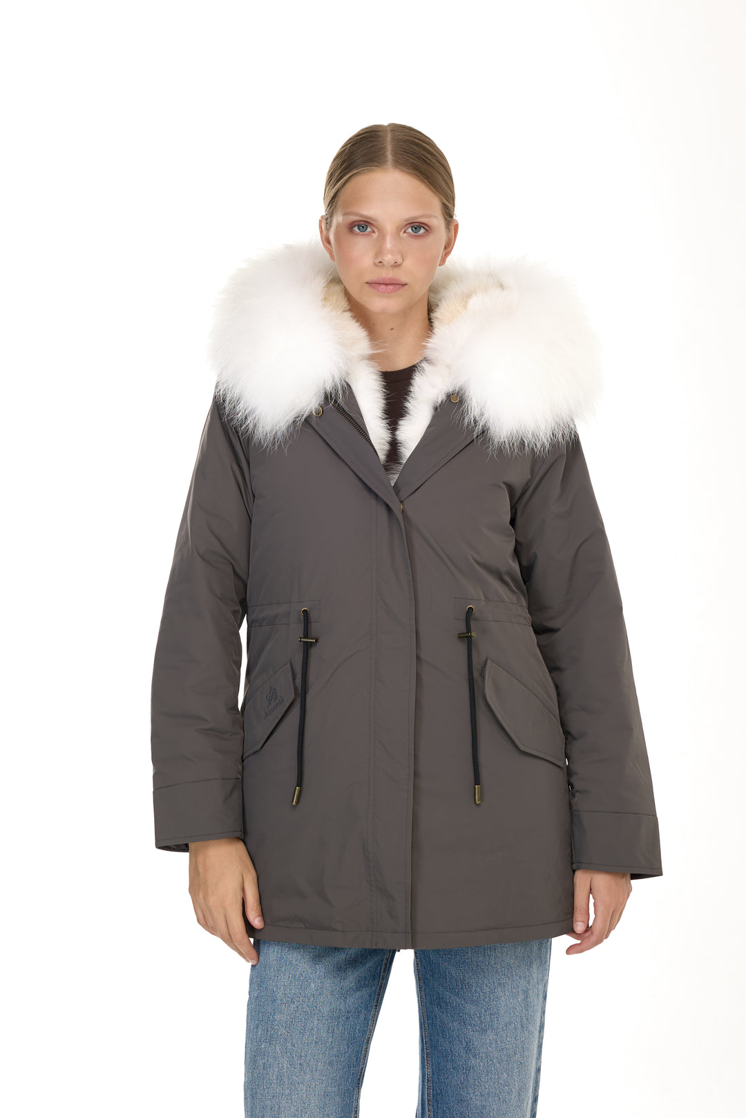 Urban Long Parka in Water Repellent Blend with Coyote Fur – White