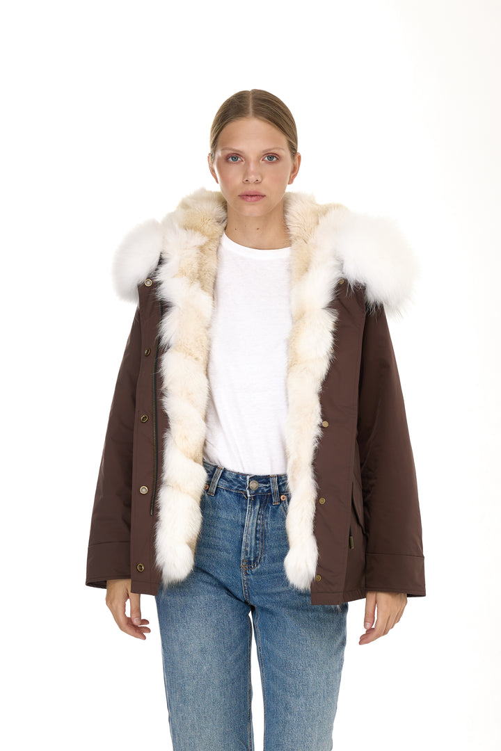 Urban short Parka in Water Repellent Blend with Coyote Fur Vest – White