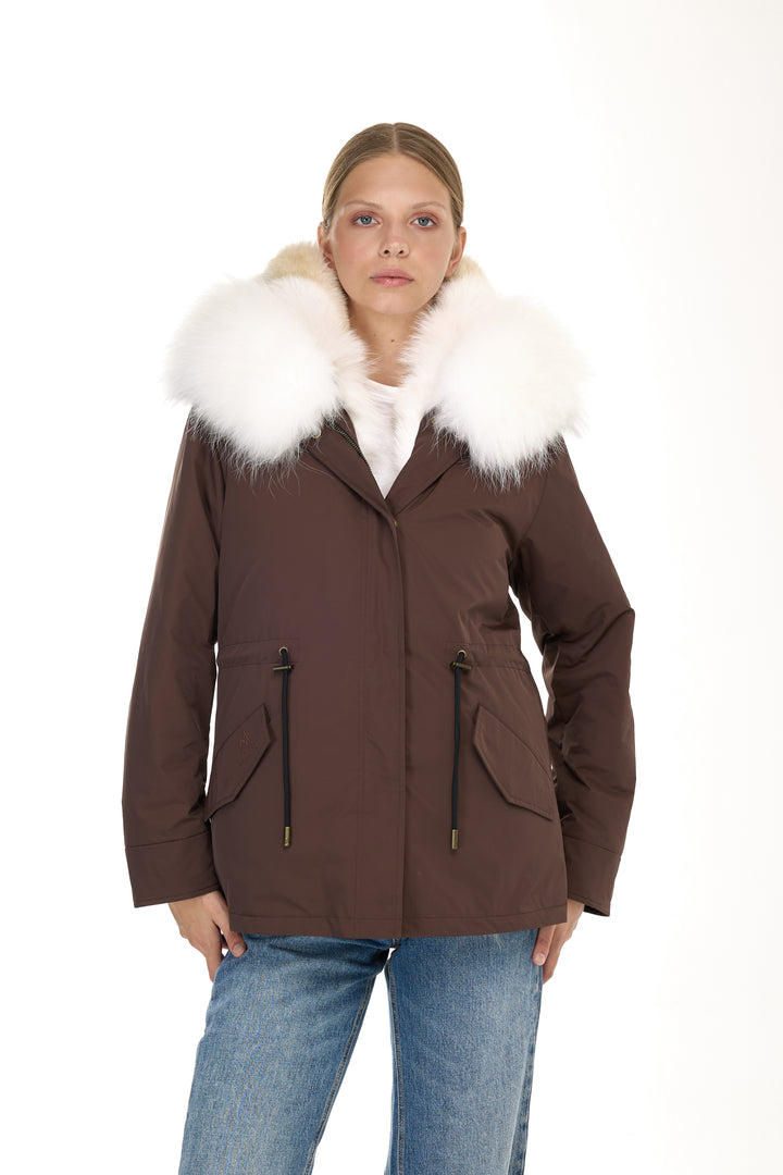 Urban short Parka in Water Repellent Blend with Coyote Fur Vest – White