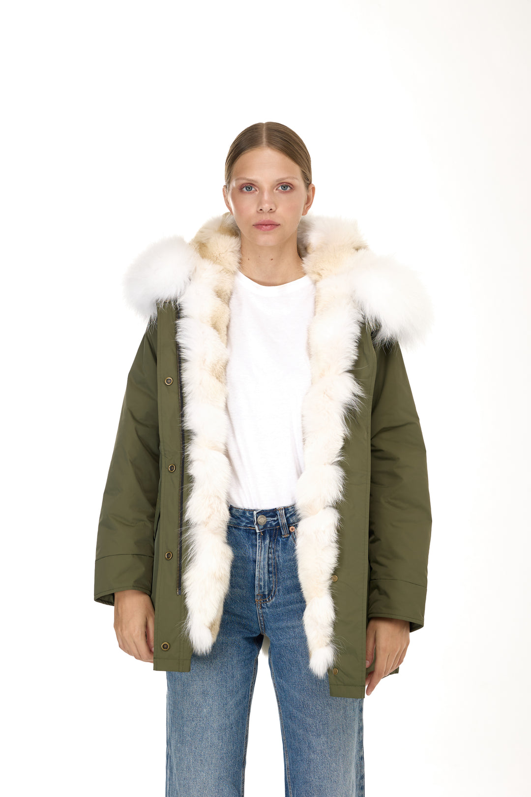 Urban Long Parka in Water Repellent Blend with Coyote Fur – White