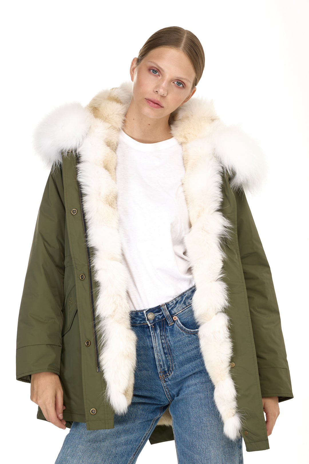 Urban Long Parka in Water Repellent Blend with Coyote Fur – White