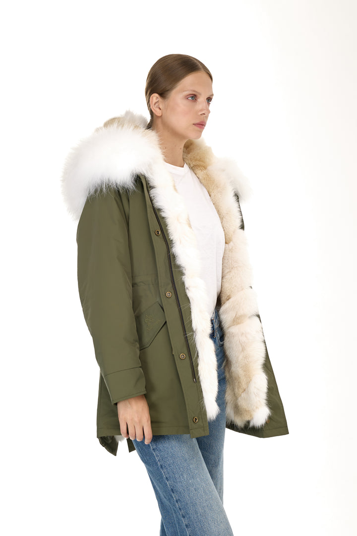Urban Long Parka in Water Repellent Blend with Coyote Fur – White