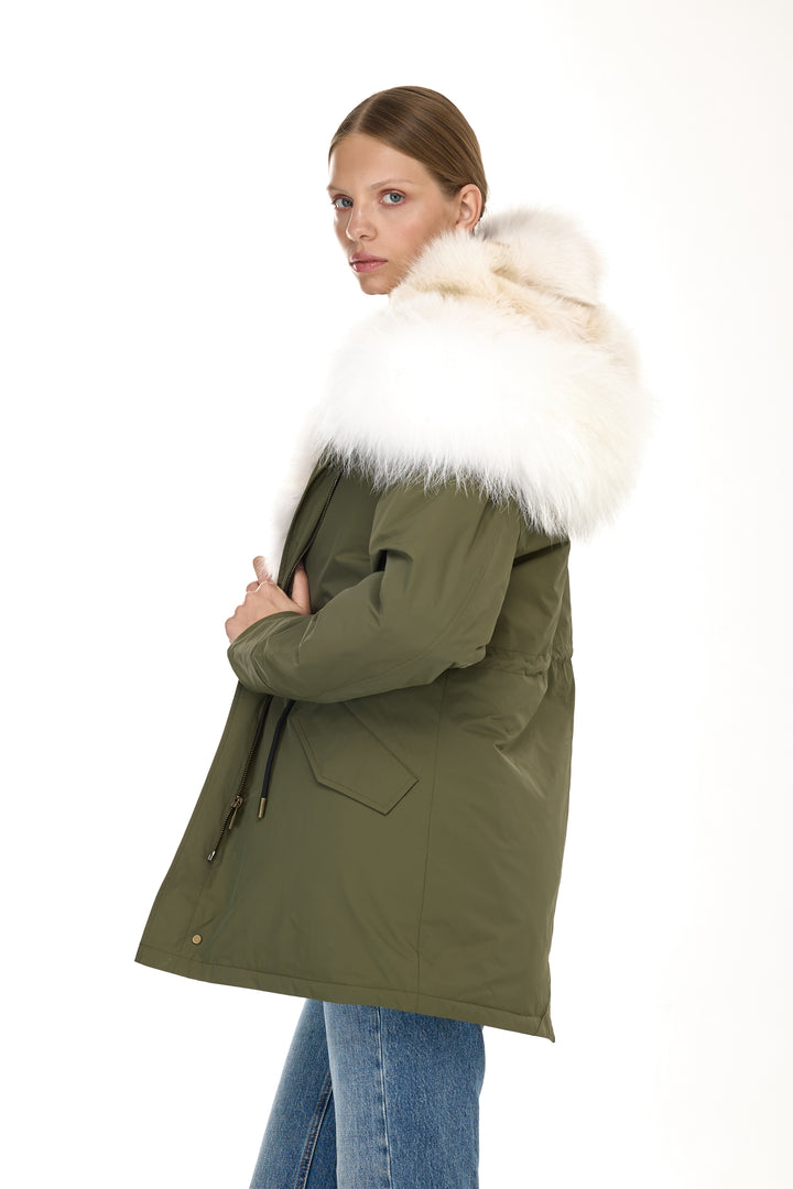 Urban Long Parka in Water Repellent Blend with Coyote Fur – White