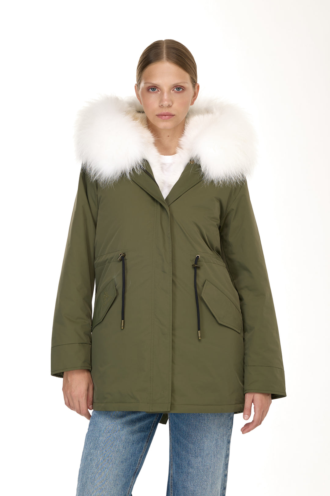 Urban Long Parka in Water Repellent Blend with Coyote Fur – White
