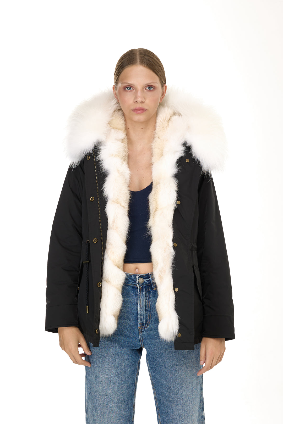 Urban short Parka in Water Repellent Blend with Coyote Fur Vest – White