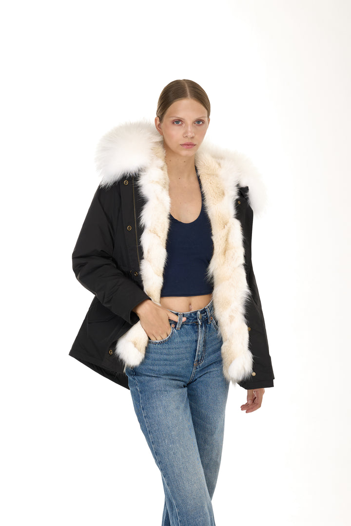 Urban short Parka in Water Repellent Blend with Coyote Fur Vest – White