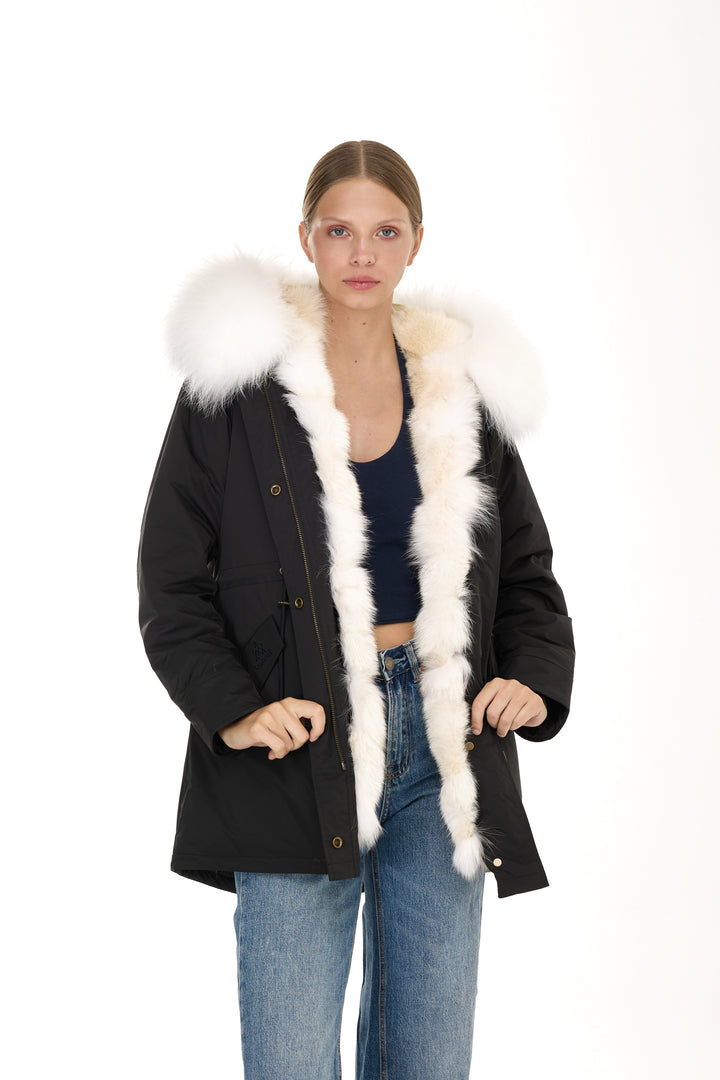 Urban Long Parka in Water Repellent Blend with Coyote Fur – White