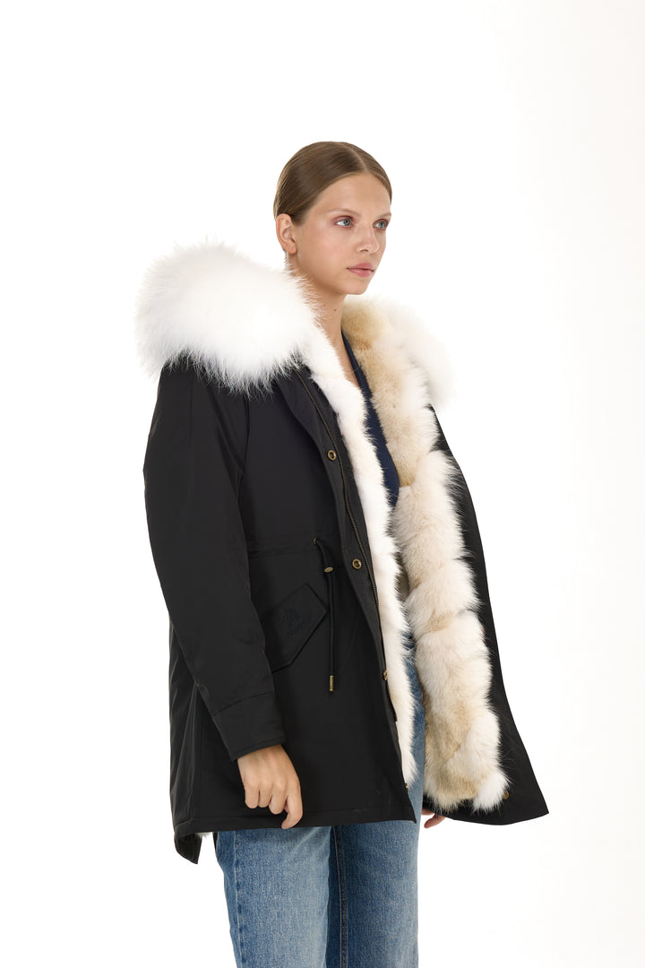 Urban Long Parka in Water Repellent Blend with Coyote Fur – White