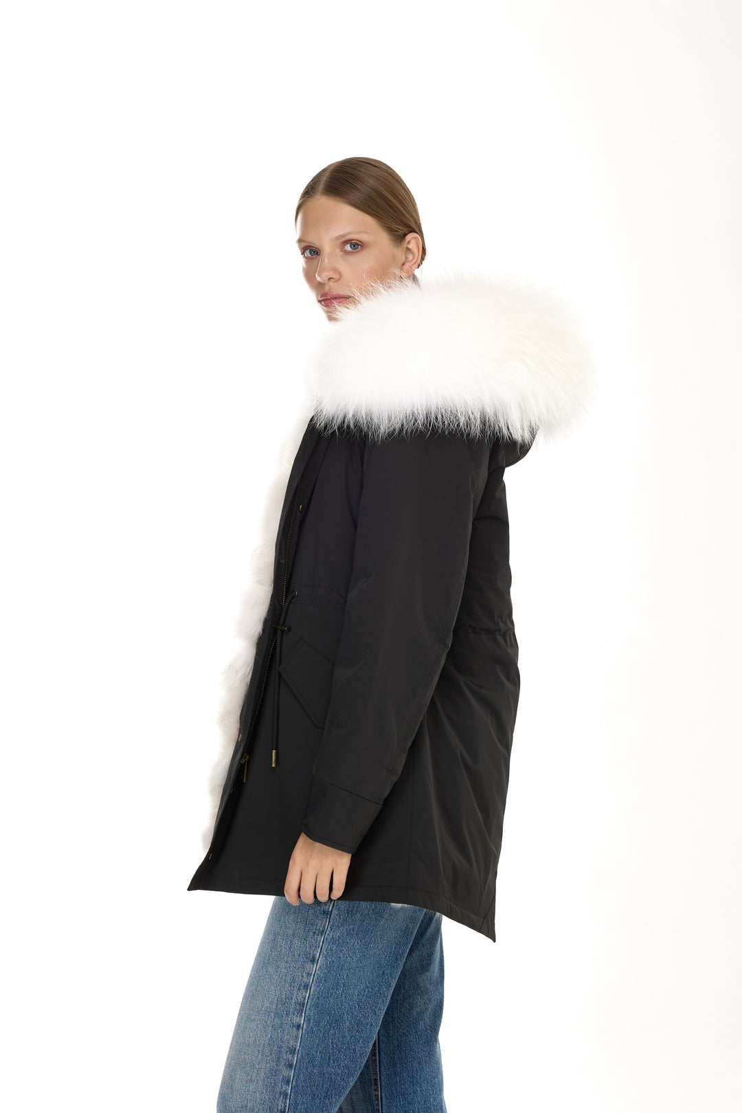 Urban Long Parka in Water Repellent Blend with Coyote Fur – White