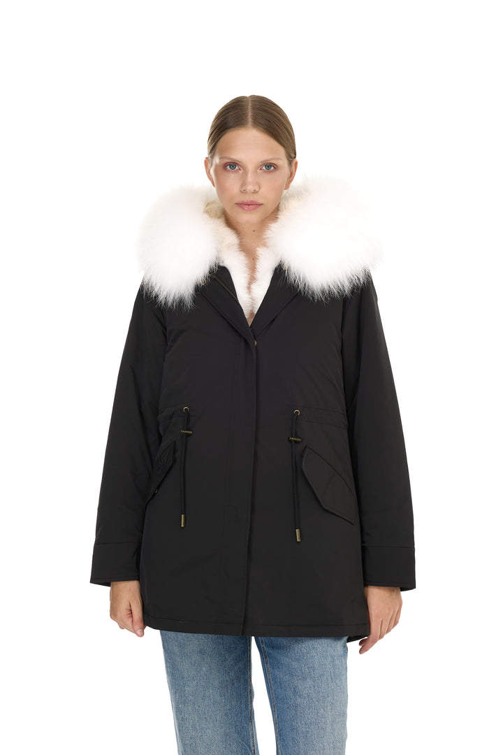 Urban Long Parka in Water Repellent Blend with Coyote Fur – White