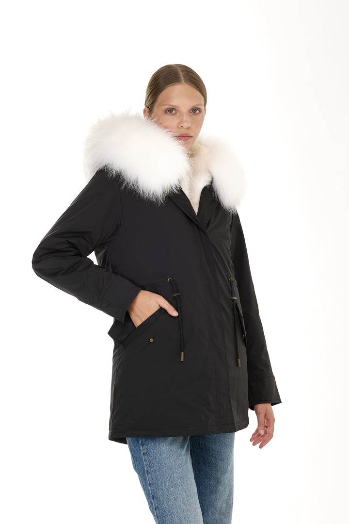 Urban Long Parka in Water Repellent Blend with Coyote Fur – White