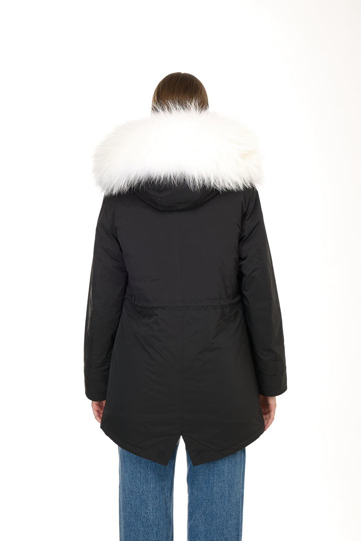Urban Long Parka in Water Repellent Blend with Coyote Fur – White