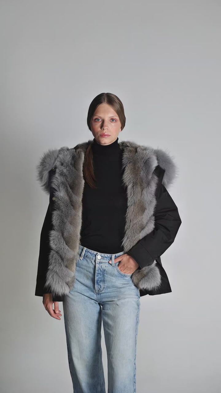 防水綿の都市短いパーカーとコヨーテの毛皮のベスト - 象の皮膚